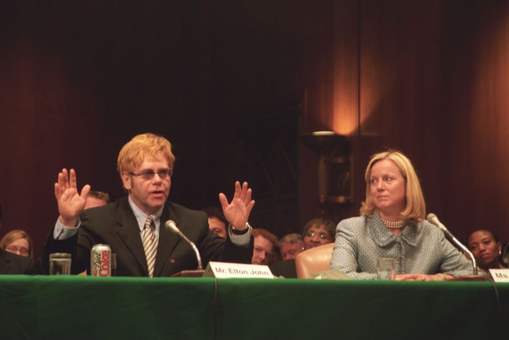 Elton John passionately testifies to the US Senate to advocate for more action in ending AIDS.