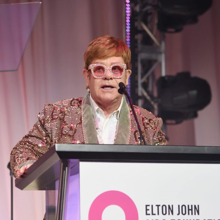 Elton speaks at the Foundation's Academy Awards Viewing Party