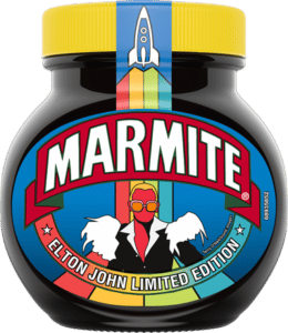 Marmite and Elton John limited-edition 'Rocketman' jar featuring iconic image and rainbow rocketin benefit of the Elton John AIDS Foundation