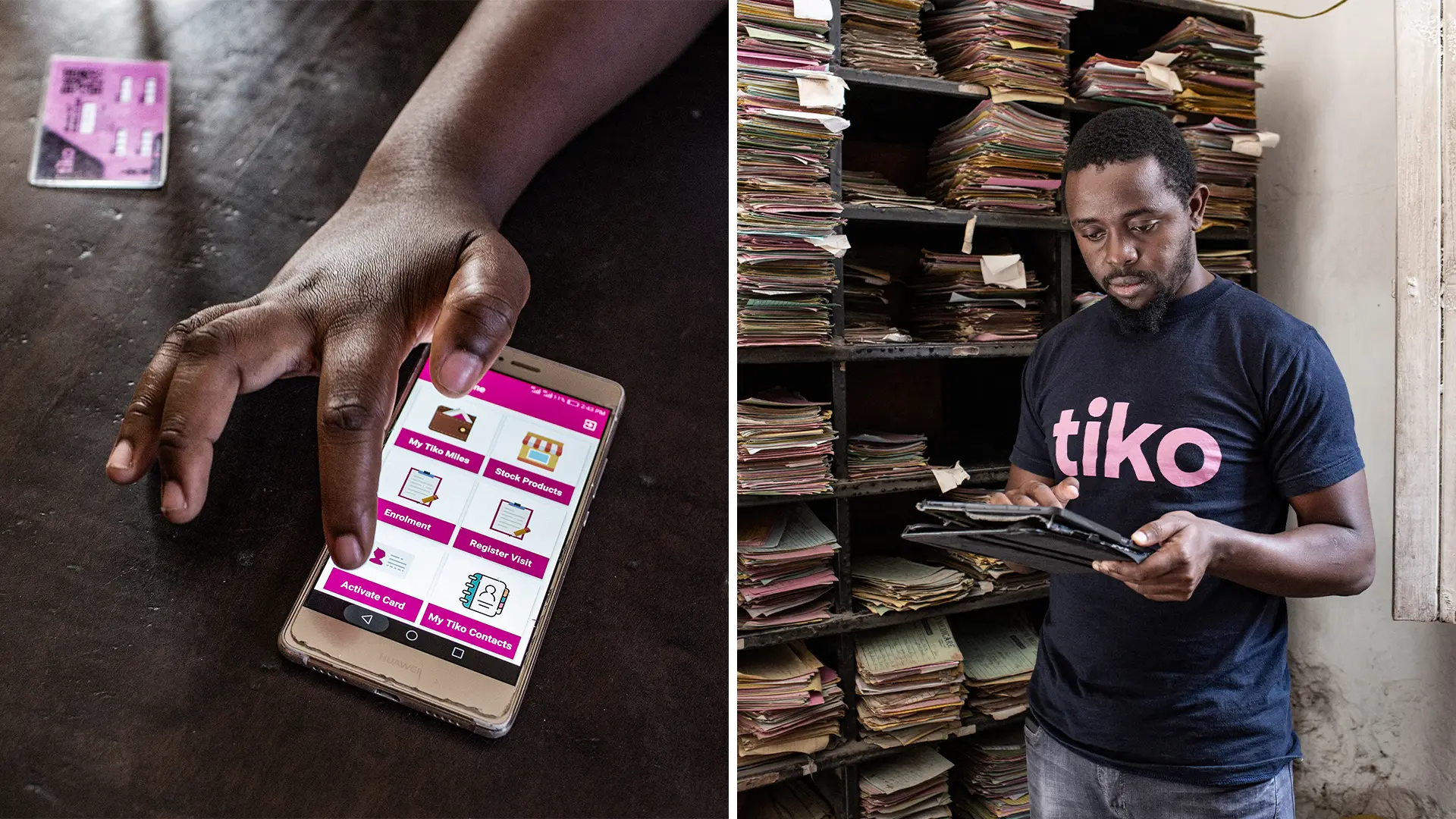 Left: Triggerise team member showing the Tiko app interface. Right: Dominic Ndawa, Mombasa County Lead for Tiko, checks information on his tablet where he stores data about the clients enrolled in the programme. This in stark contrast to the shelves behind him laden with handwritten notes about patients at the clinic.