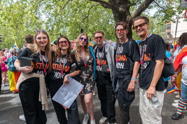 Elton John AIDS Foundation team and friends of the foundation pose for a photo at London Pride