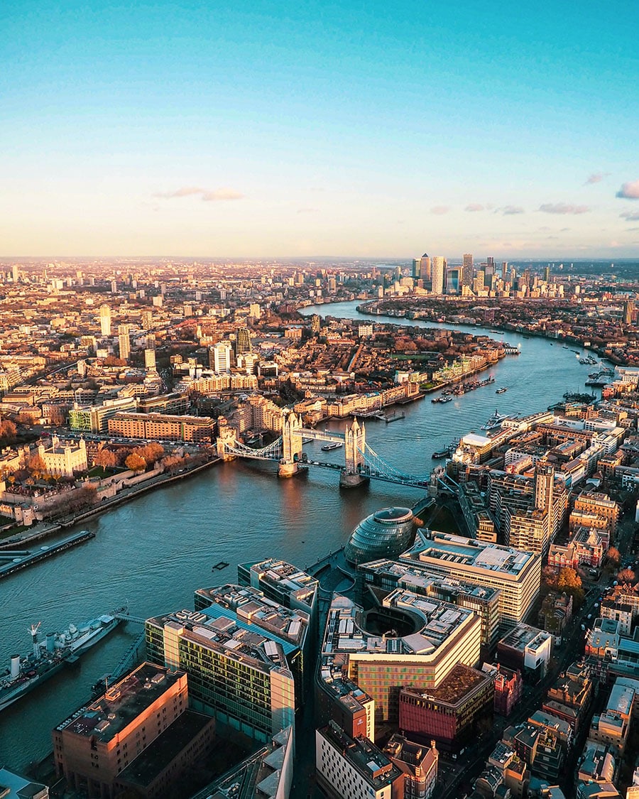 View of London from above the river Thames.